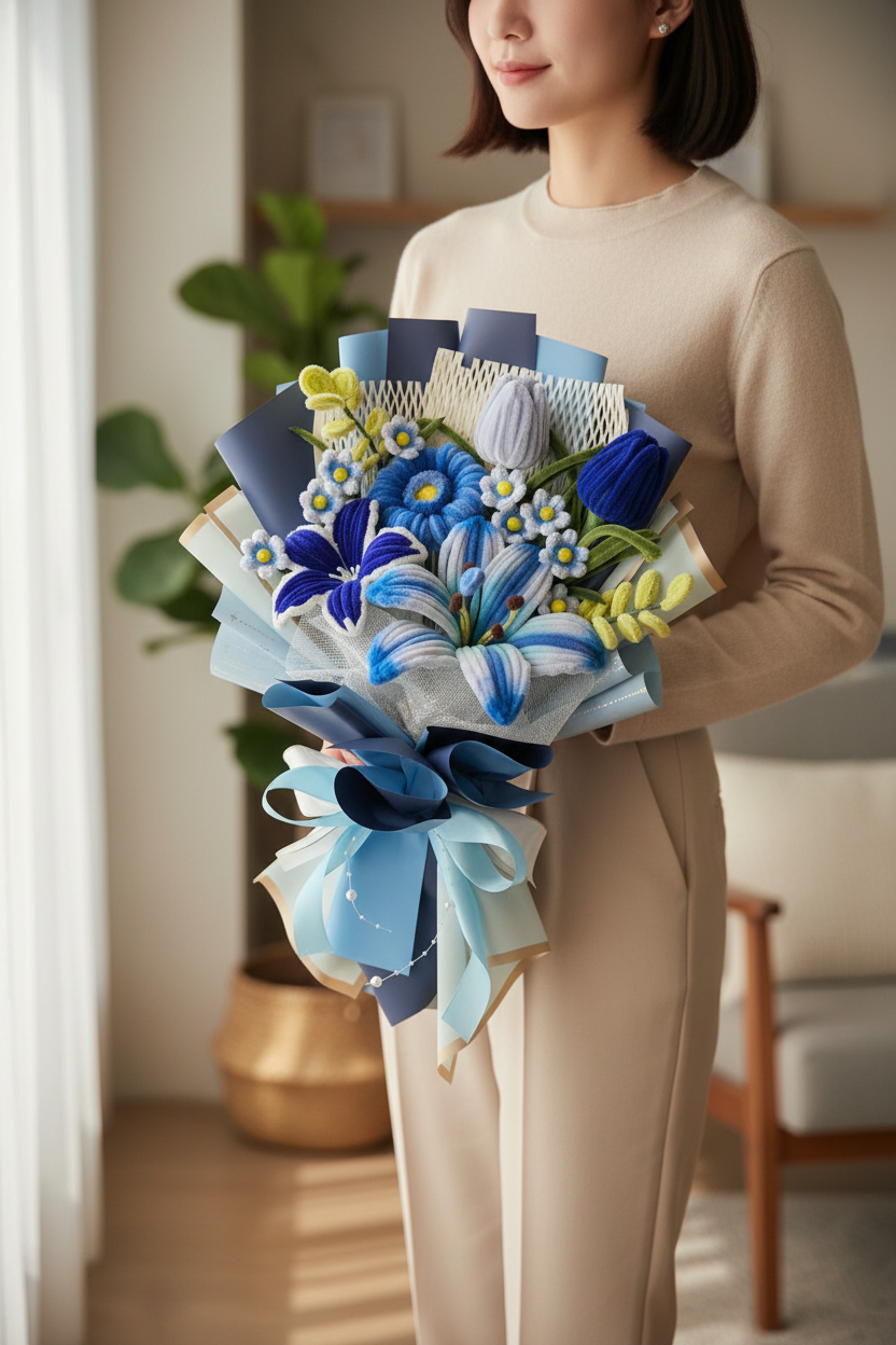 Woman holding Sapphire Blooms bouquet