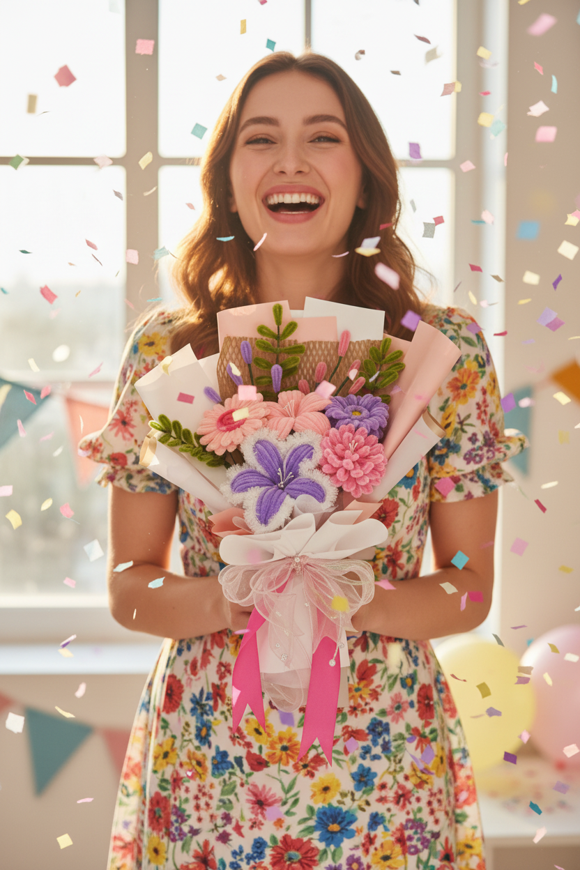 Woman Celebrating with Pink Purple Bouquet