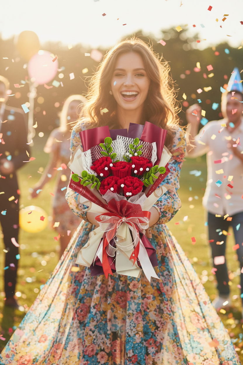 Woman Celebrating with Red Carnation Bouquet